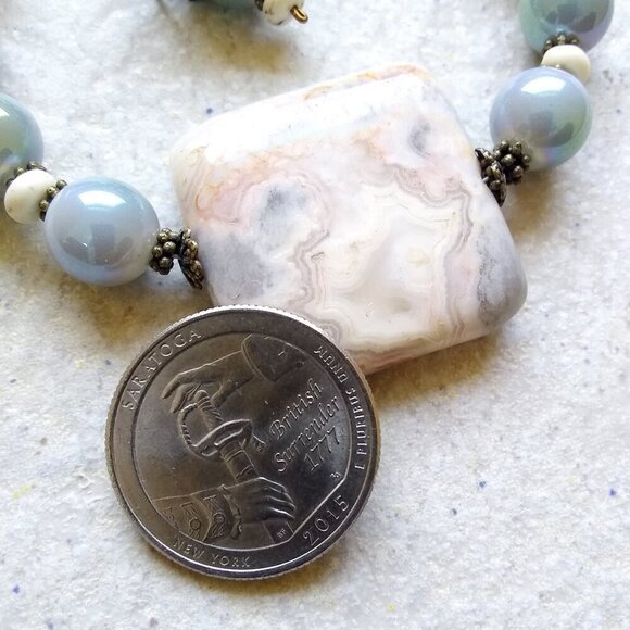 Crazy Lace Agate! Bracelet & Earring Set ~ Smokey Blue/Grey, Cream & Tangerine - Picture 5 of 11